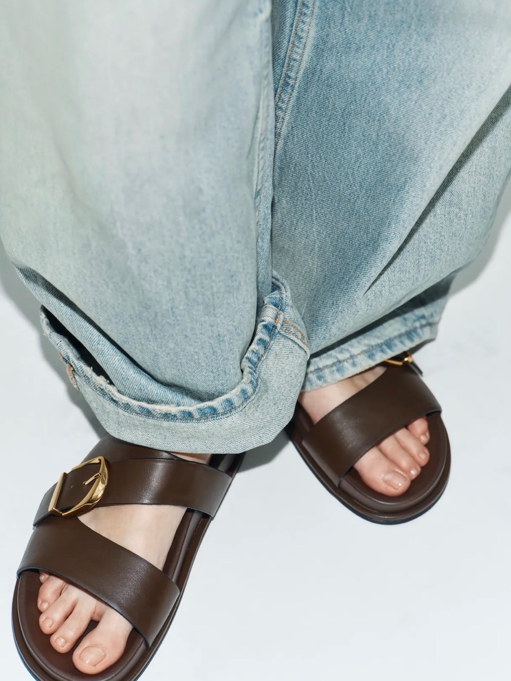 Zara Brown Leather Double-Strap Buckle Sandals